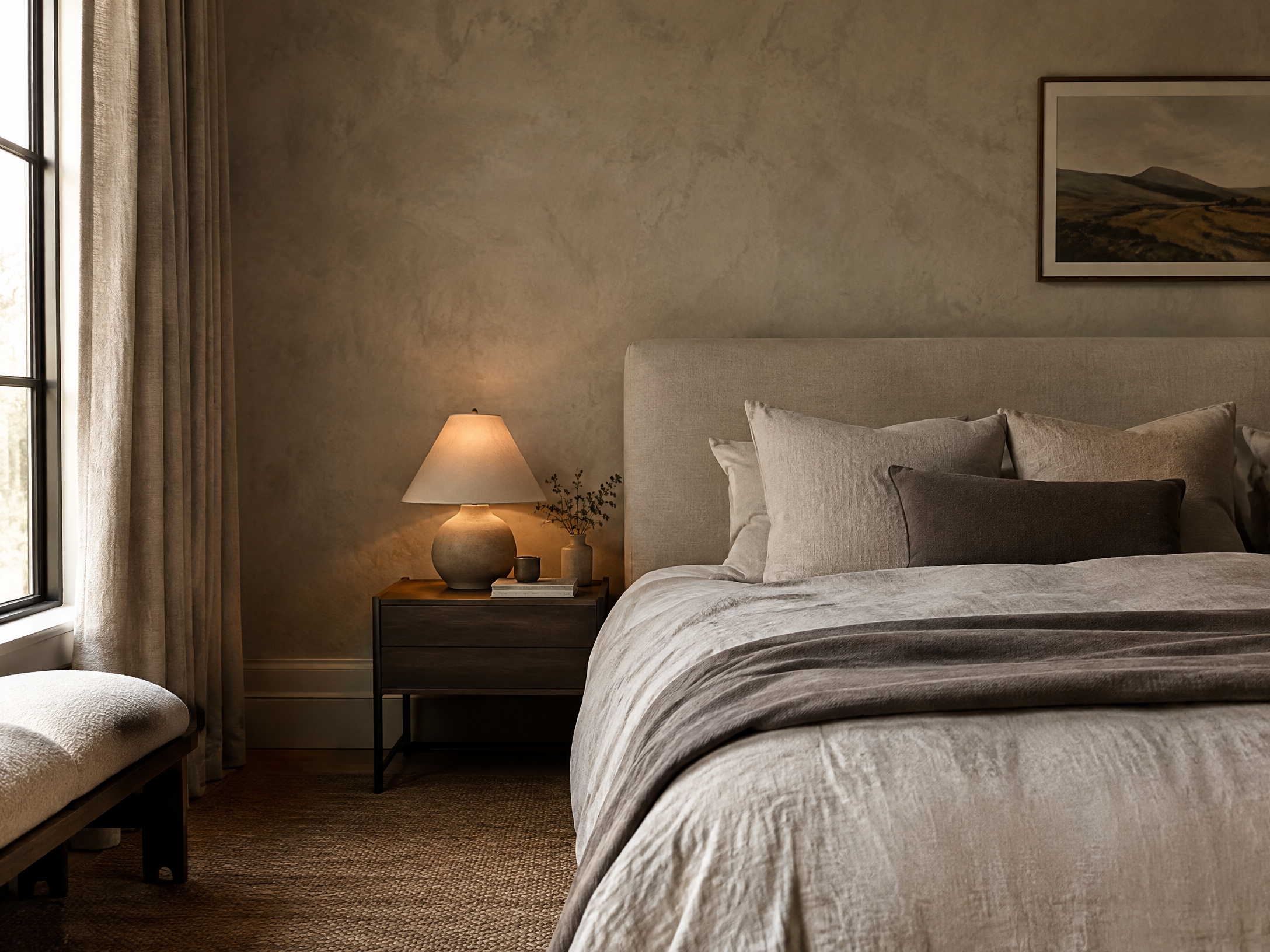 Textured neutral wallpaper in a serene bedroom