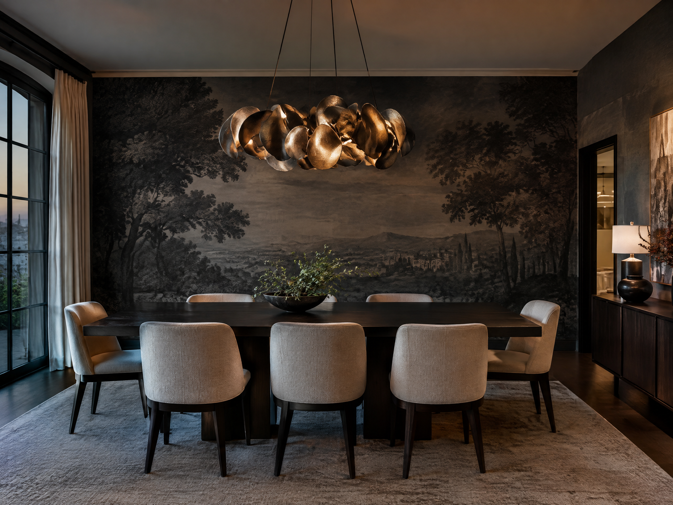 Charcoal mural wallpaper in a sophisticated dining room