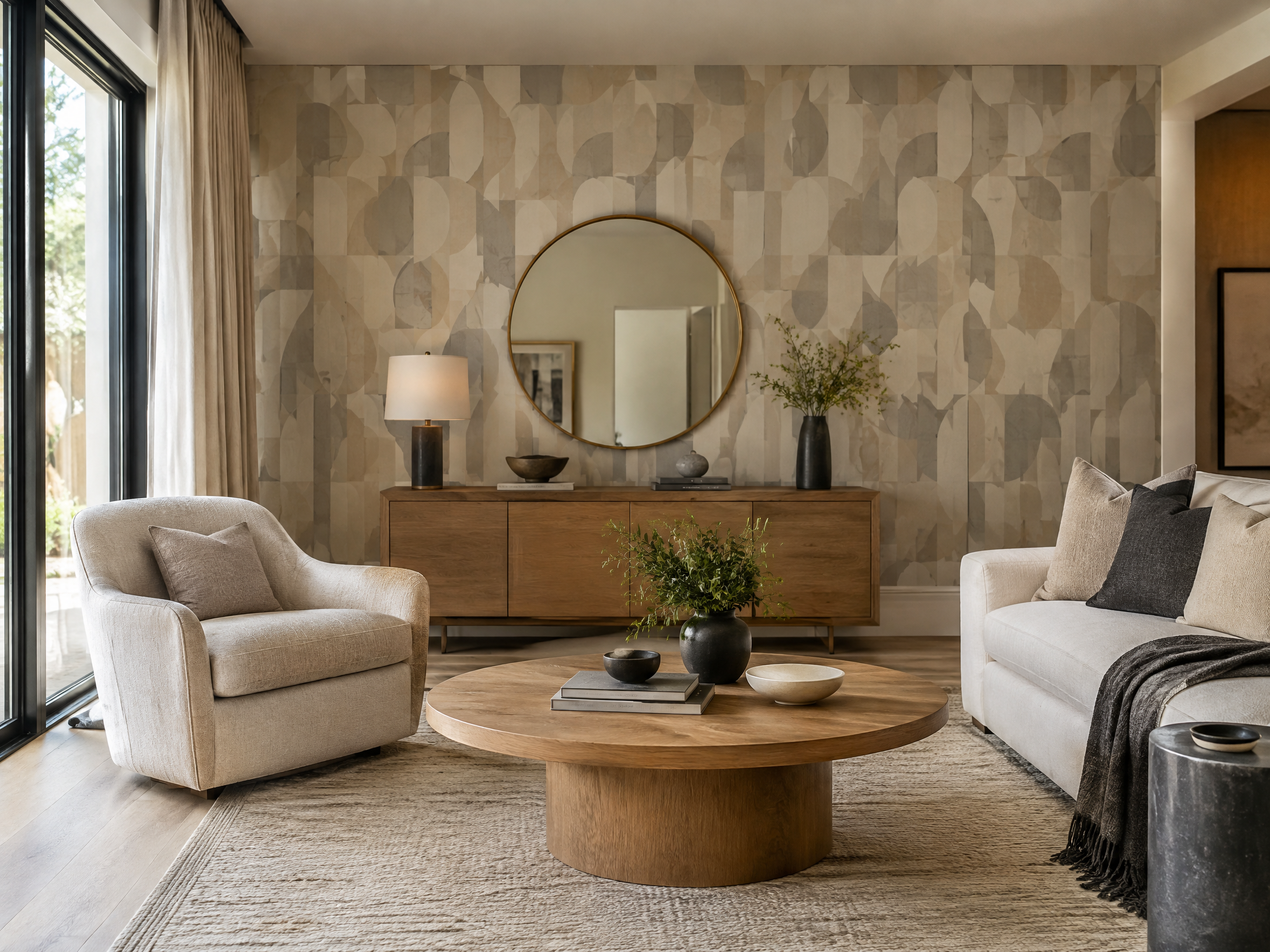 Geometric wallpaper accent wall in a refined living room