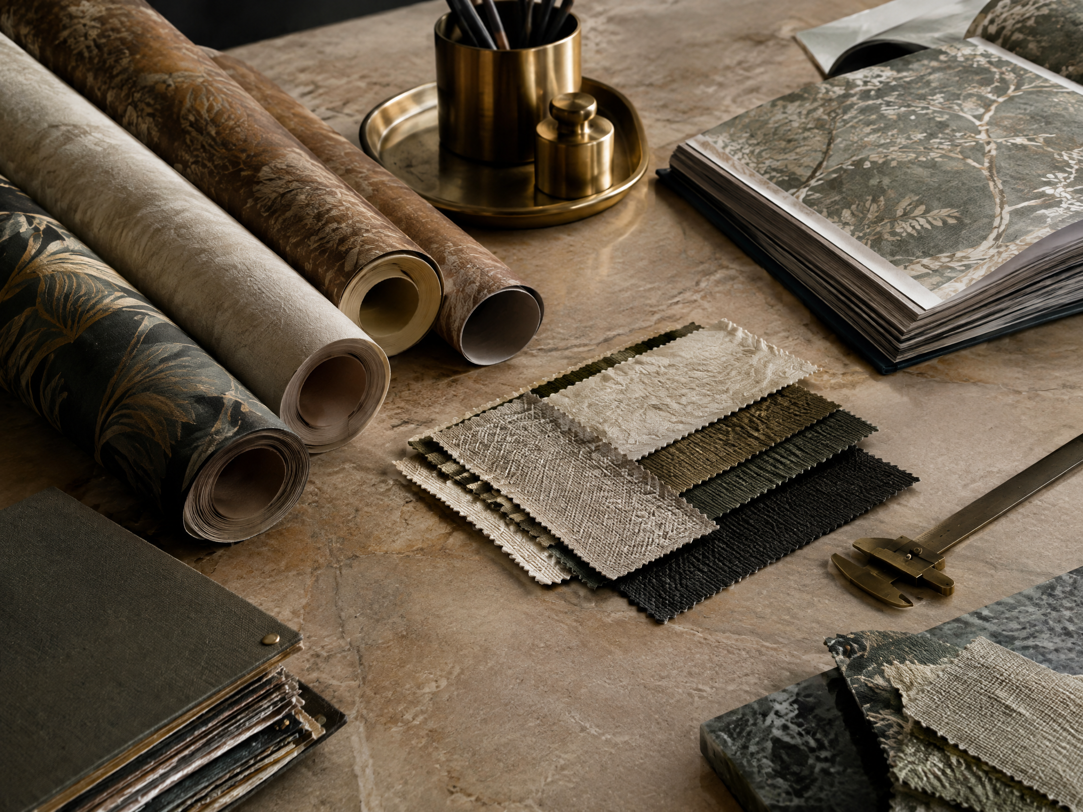 Wallpaper rolls and material swatches on a stone table